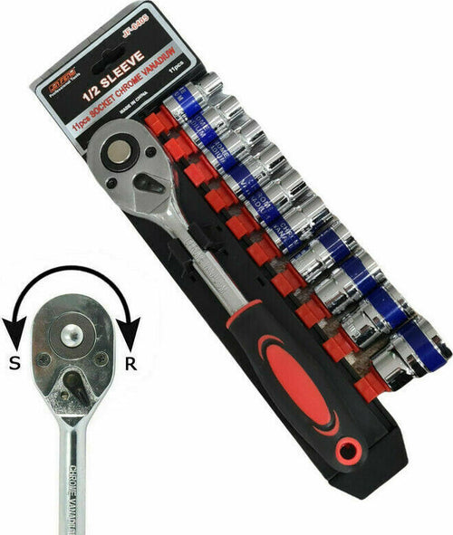 SERIE-KIT-11-PZ-CHIAVE-CRICCHETTO-REVERSIBILE-1/2-SET-BUSSOLE-ESAGONALI-CR-V