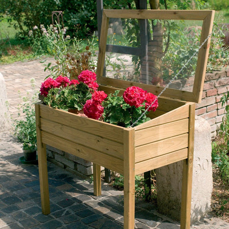 Serra da giardino rialzata per piante in legno di conifera con tetto apribile