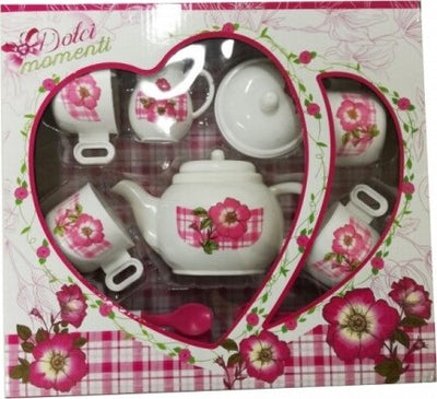 Servizio-Da-The-Teiera-4-Tazzine-Piatti-Cucchiaino-Zuccheriera-Gioco-Bambine