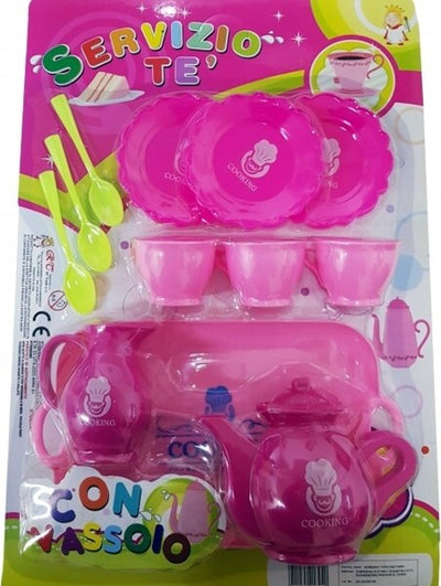 Servizio-Te'-Teiera-Vassoio-3-Tazzine-Piatti-Cucchiaino-Zuccheriera-Gioco-Bimbe