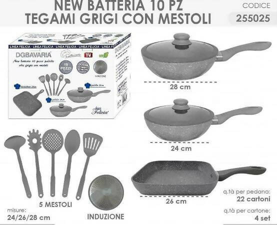 Set 10 pezzi Da Cucina Dg Bavaria Batteria pentole effetto Pietra Lavica con coperchi in vetro e mestoli 10 Pezzi Antiaderenti Per Tutti I tipi Di Cottura Casa e cucina/Pentole padelle e pirofile/Pentole e padelle/Padelle universali Puleo Casa - Palermo, Commerciovirtuoso.it