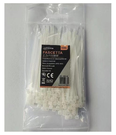 Set 100 Pz Fascette Serracavo Autobloccanti In Nylon Bianco 2.5mmx100mm 25-100-b