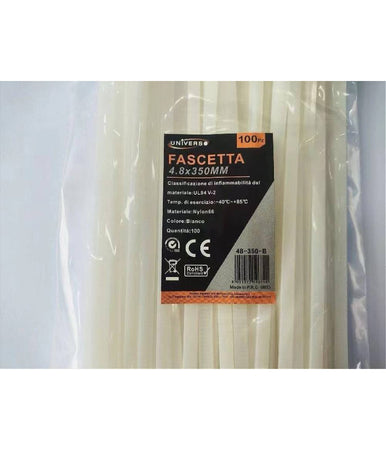 Set 100 Pz Fascette Serracavo Autobloccanti In Nylon Bianco 4.8 X 350mm 48-350-b