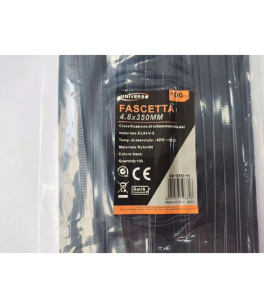 Set 100pz Fascette Serracavo Autobloccanti In Nylon Nero 4.8mm X 350 Mm 48-350-n