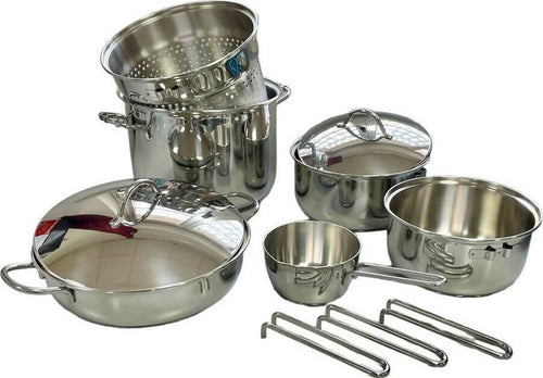 Set-11-pezzi-di-pentole-barazzoni-in-acciaio-inox-18/10lucidato-a-specchio-,-set-camping-impilabile-con-scolapasta