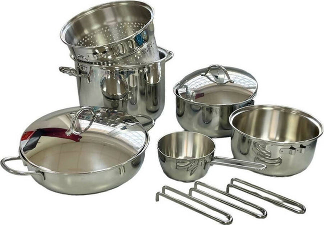 Set-11-pezzi-di-pentole-barazzoni-in-acciaio-inox-18/10lucidato-a-specchio-,-set-camping-impilabile-con-scolapasta