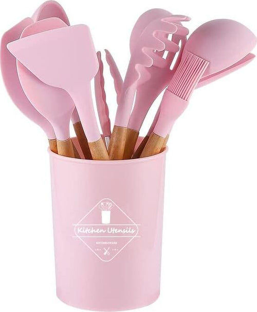 Set 11 utensili da cucina in silicone e legno naturale rosa Casa e cucina/Utensili da cucina/Schiumarole Led Mall Home - Napoli, Commerciovirtuoso.it
