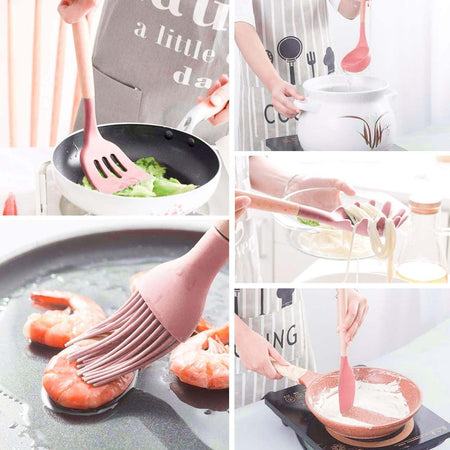 Set 11 utensili da cucina in silicone e legno naturale rosa Casa e cucina/Utensili da cucina/Schiumarole Led Mall Home - Napoli, Commerciovirtuoso.it