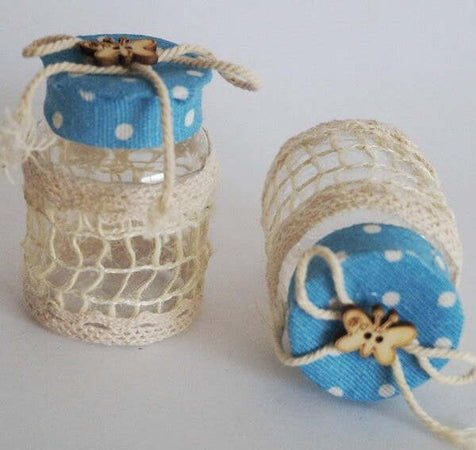 Set-12-Bomboniera-Bomboniere-Barattolo-Azzurro-Pois-4x6.5cm-Portaconfetti