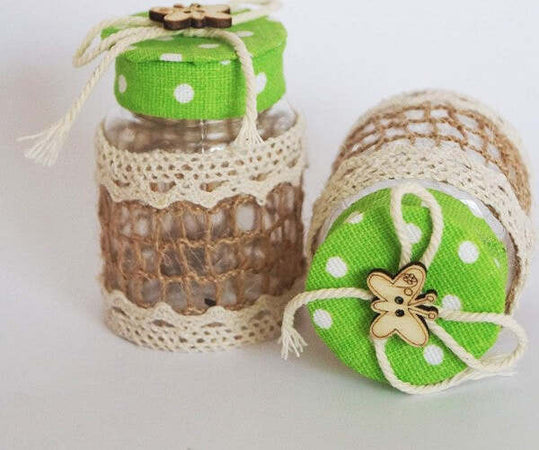 Set-12-Bomboniera-Bomboniere-Barattolo-Verde-Pois-4x6.5cm-Farfalla-Portaconfetti