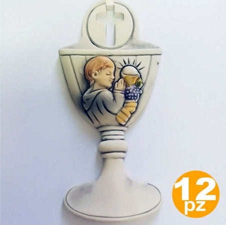 Set-12-Bomboniere-Comunione-Bambino-Calice-Eucarestia-Bianco-Ceramica-Appendino