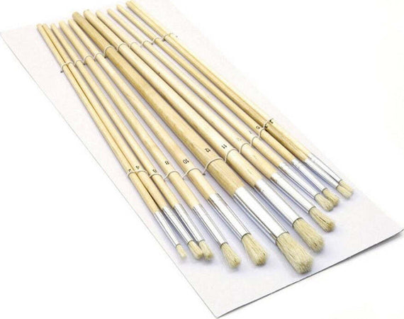 Set-12-Pennelli-Pennello-Punta-Tonda-Manico-Legno-Lungo-Pittura-Arte-Decoupage
