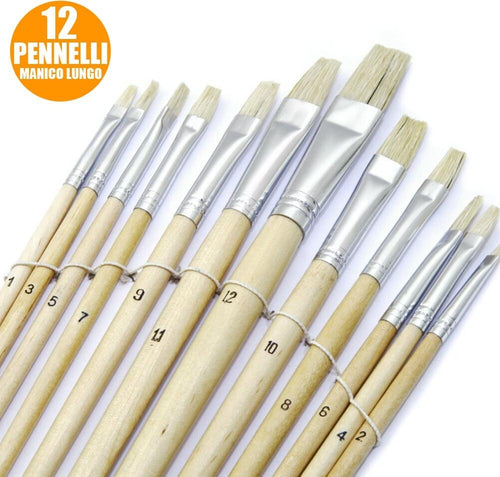 SET 12 PENNELLI PIATTI MANICO LEGNO LUNGO SPESSORE 1-12MM HOBBY PITTURA  Trade Shop italia - Napoli, Commerciovirtuoso.it