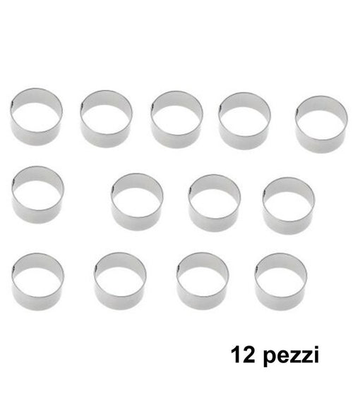 Set 12 Pezzi Forme Stampi Per Dolci Torte Biscotti Rotonde Inox 8x4cm Pasticceri