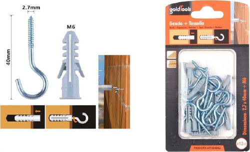 Set 12 Pezzi Viti Vite A Gancio 2.7x40mm + Tasselli Con Alette Tassello M6 90736 Fai da te/Ferramenta/Chiodi viti ed elementi di fissaggio/Kit di bulloni e dadi Trade Shop italia - Napoli, Commerciovirtuoso.it