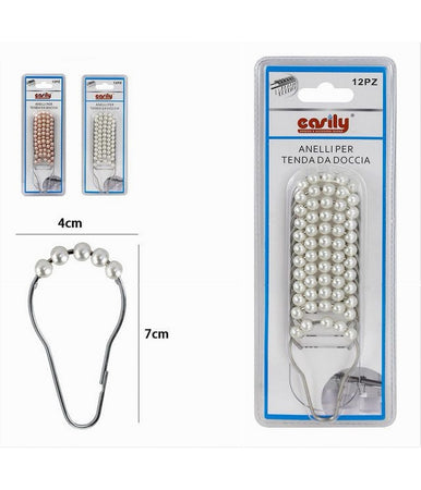 Set 12 Pz Anelli Gancio Tenda Doccia Metallo Con Perline Bagno Box Doccia 59778