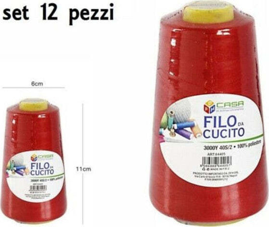 Set-12-Pz-Filati-A-Cono-Filo-Poliestere-Cucito-3000y-40s/2-Rosso-Gomitolo-Cotone