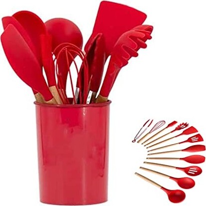 Set 12 pz utensili da cucina in silicone e legno naturale rosso Casa e cucina/Utensili da cucina/Cucchiai palette e spatole/Cucchiai da cucina Led Mall Home - Napoli, Commerciovirtuoso.it
