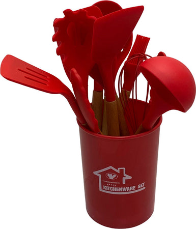 Set 12 pz utensili da cucina in silicone e legno naturale rosso Casa e cucina/Utensili da cucina/Cucchiai palette e spatole/Cucchiai da cucina Led Mall Home - Napoli, Commerciovirtuoso.it