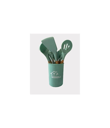Set 12 Utensili Da Cucina In Silicone Con Manico Legno Antiaderenti Resistenti