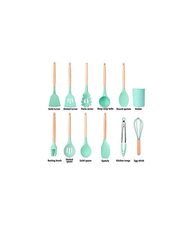 Set 12 Utensili Da Cucina In Silicone Con Manico Legno Antiaderenti Resistenti