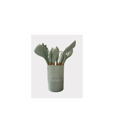 Set 12 Utensili Da Cucina In Silicone Con Manico Legno Antiaderenti Resistenti