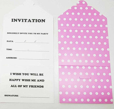 Set-18-Pezzi-Biglietto-Biglietti-Invito-Inviti-Compleanno-Pois-Rosa-Carta-Festa