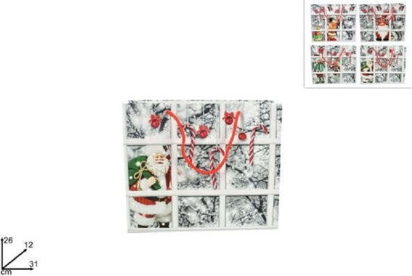 Set-2-Buste-Regalo-Stampa-Finestra-Con-Paesaggi-Innevati-Manici-Rossi-31x26x12cm