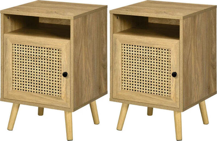 Set-2-Comodini-in-Stile-Boho-con-Armadietto-e-Ripiano-Aperto,-in-Truciolato,-Rattan-e-MDF,-39x35x60-cm-BT2831-599V03NDBT2