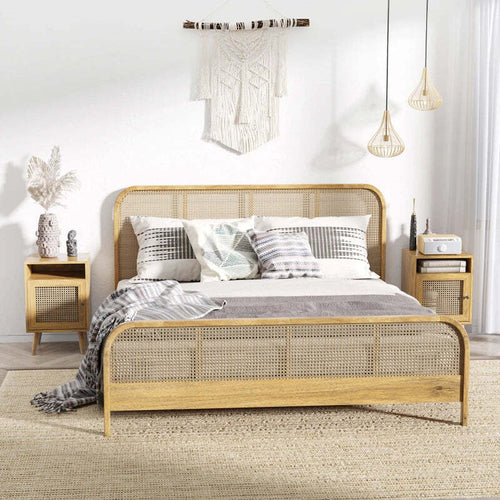 Set-2-Comodini-in-Stile-Boho-con-Armadietto-e-Ripiano-Aperto,-in-Truciolato,-Rattan-e-MDF,-39x35x60-cm-BT2831-599V03NDBT2