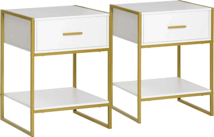 Set-2-Comodini-Moderni-con-Cassetto-e-Ripiano-Aperto-in-MDF-e-Acciaio,-45x40x60cm,-Bianco-e-Oro-AW1831-534AW1