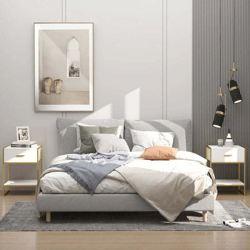 Set-2-Comodini-Moderni-con-Cassetto-e-Ripiano-Aperto-in-MDF-e-Acciaio,-45x40x60cm,-Bianco-e-Oro-AW1831-534AW1