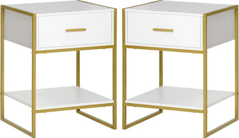 Set-2-Comodini-Moderni-con-Cassetto-e-Ripiano-Aperto-in-MDF-e-Acciaio,-45x40x60cm,-Bianco-e-Oro-AW1831-534AW1