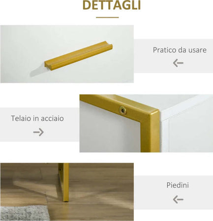 Set-2-Comodini-Moderni-con-Cassetto-e-Ripiano-Aperto-in-MDF-e-Acciaio,-45x40x60cm,-Bianco-e-Oro-AW1831-534AW1
