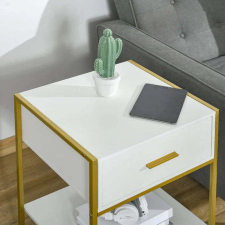 Set-2-Comodini-Moderni-con-Cassetto-e-Ripiano-Aperto-in-MDF-e-Acciaio,-45x40x60cm,-Bianco-e-Oro-AW1831-534AW1