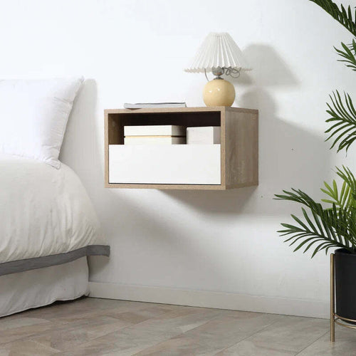 Set-2-Comodini-Sospesi-con-Cassetto-e-Ripiano-45x35x27.5cm---Bianco-e-Color-Legno-WE9831-478WTWE9