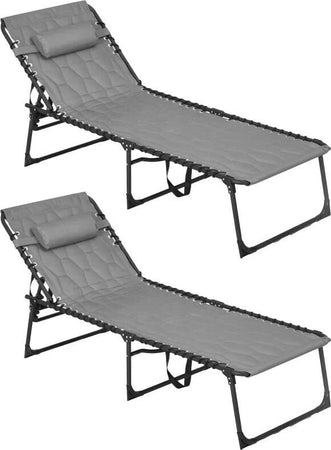 Set-2-Lettini-Prendisole-con-Schienale-Reclinabile-e-Tasca,-in-Acciaio-e-Poliestere,-65x188x36-cm,-Grigio-e-Nero-84G-268V01GY