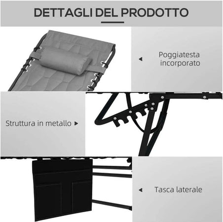 Set-2-Lettini-Prendisole-con-Schienale-Reclinabile-e-Tasca,-in-Acciaio-e-Poliestere,-65x188x36-cm,-Grigio-e-Nero-84G-268V01GY