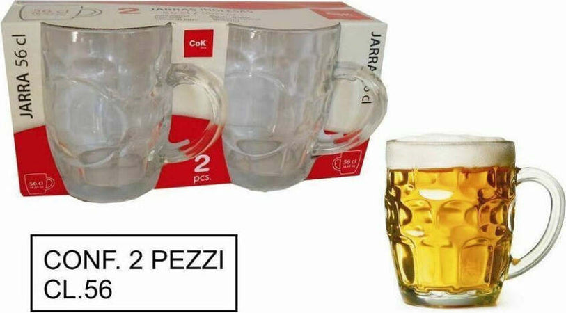 Set-2-Pezzi-Brocca-Bicchieri-Boccali-Birra-In-Vetro-Classico-56-Cl-Con-Manico