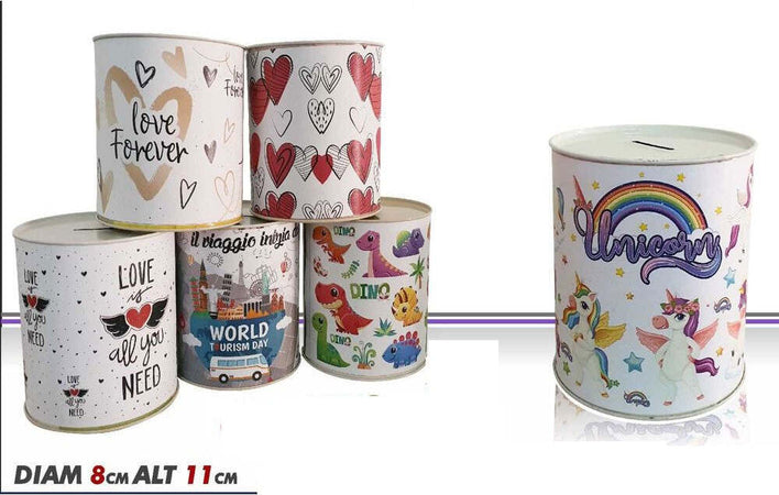 Set 2 Pezzi Salvadanaio Latta Mini Monete Banconote Apertura Disegni Misti 11 Cm Casa e cucina/Decorazioni per interni/Decorazioni cameretta ragazzi/Salvadanai Trade Shop italia - Napoli, Commerciovirtuoso.it