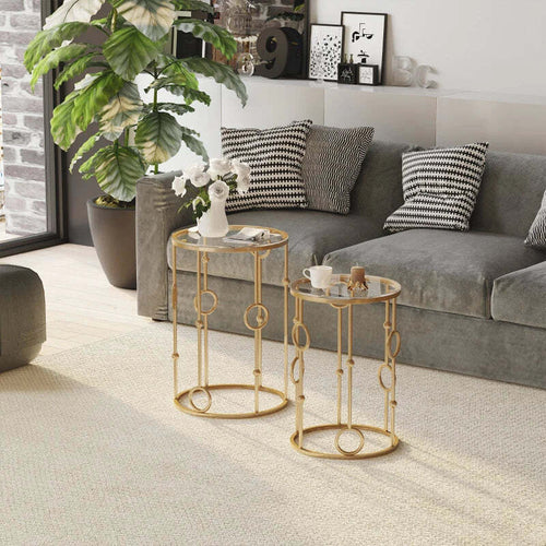 Set-2-Pezzi-Tavolini-da-Caffè-Design-Elegante-con-Motivi-a-Cerchio,-Metallo-e-Vetro-Temperato-Φ41x57cm-&-Φ36x51cm,-Oro-SD9833-674SD9