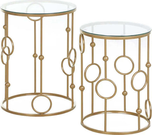 Set-2-Pezzi-Tavolini-da-Caffè-Design-Elegante-con-Motivi-a-Cerchio,-Metallo-e-Vetro-Temperato-Φ41x57cm-&-Φ36x51cm,-Oro-SD9833-674SD9