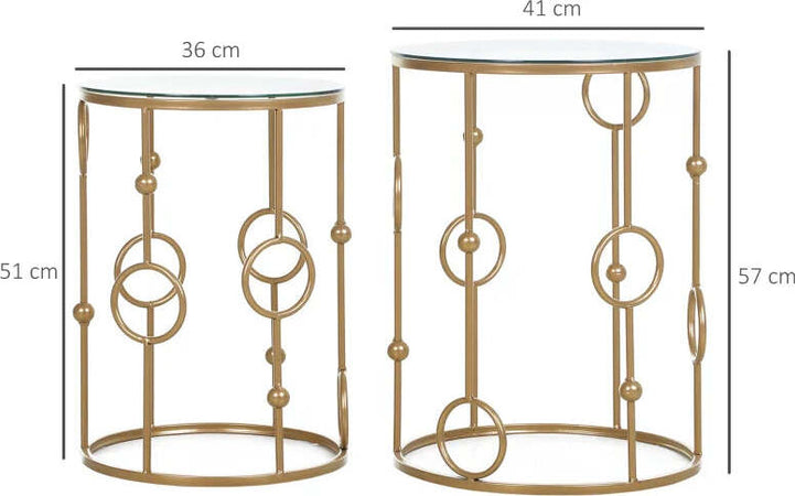 Set-2-Pezzi-Tavolini-da-Caffè-Design-Elegante-con-Motivi-a-Cerchio,-Metallo-e-Vetro-Temperato-Φ41x57cm-&-Φ36x51cm,-Oro-SD9833-674SD9