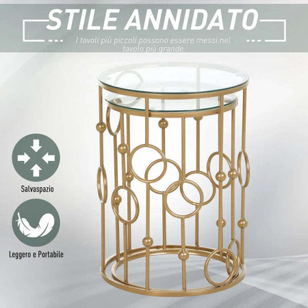 Set-2-Pezzi-Tavolini-da-Caffè-Design-Elegante-con-Motivi-a-Cerchio,-Metallo-e-Vetro-Temperato-Φ41x57cm-&-Φ36x51cm,-Oro-SD9833-674SD9