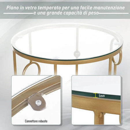 Set-2-Pezzi-Tavolini-da-Caffè-Design-Elegante-con-Motivi-a-Cerchio,-Metallo-e-Vetro-Temperato-Φ41x57cm-&-Φ36x51cm,-Oro-SD9833-674SD9
