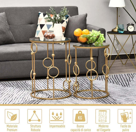 Set-2-Pezzi-Tavolini-da-Caffè-Design-Elegante-con-Motivi-a-Cerchio,-Metallo-e-Vetro-Temperato-Φ41x57cm-&-Φ36x51cm,-Oro-SD9833-674SD9