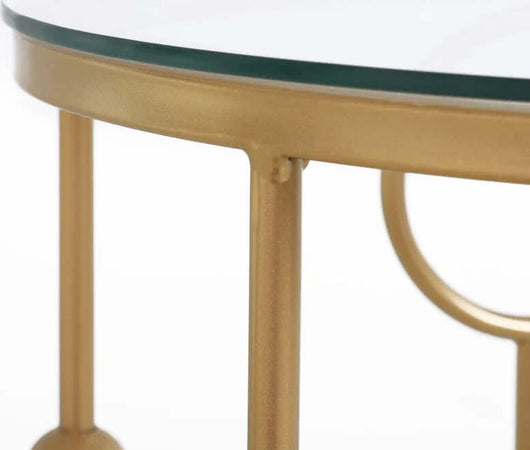 Set-2-Pezzi-Tavolini-da-Caffè-Design-Elegante-con-Motivi-a-Cerchio,-Metallo-e-Vetro-Temperato-Φ41x57cm-&-Φ36x51cm,-Oro-SD9833-674SD9