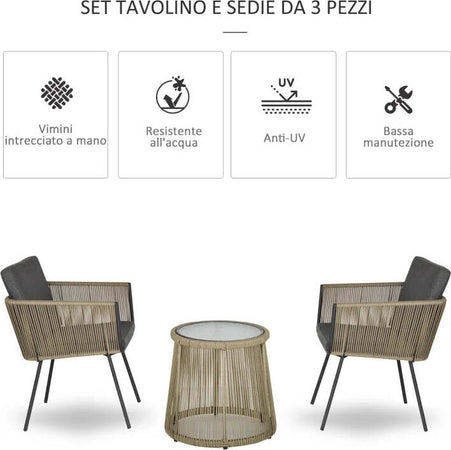 Set-2-Poltroncine-con-Tavolino-da-Esterno-in-Rattan-PE-Stile-Boho,-Cachi-e-Grigio-863-066