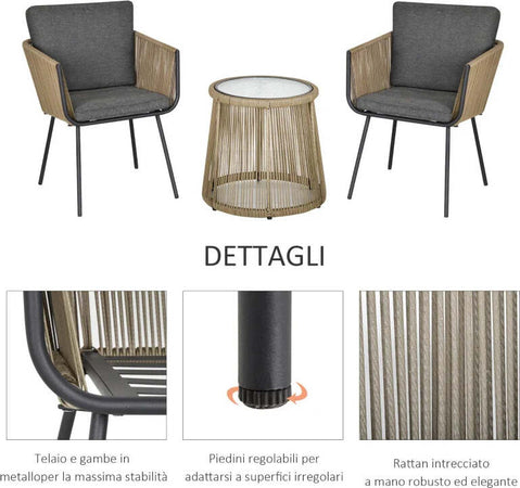 Set-2-Poltroncine-con-Tavolino-da-Esterno-in-Rattan-PE-Stile-Boho,-Cachi-e-Grigio-863-066