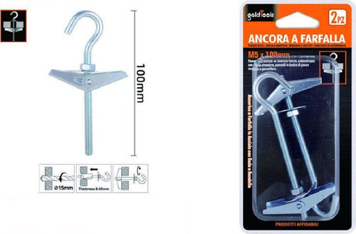 Set 2 Pz Ancora A Farfalla Con Gancio Acciaio Con Dado Rondella M5x100 Mm 57229 Fai da te/Ferramenta/Chiodi viti ed elementi di fissaggio/Bulloni/Bulloni di espansione Trade Shop italia - Napoli, Commerciovirtuoso.it